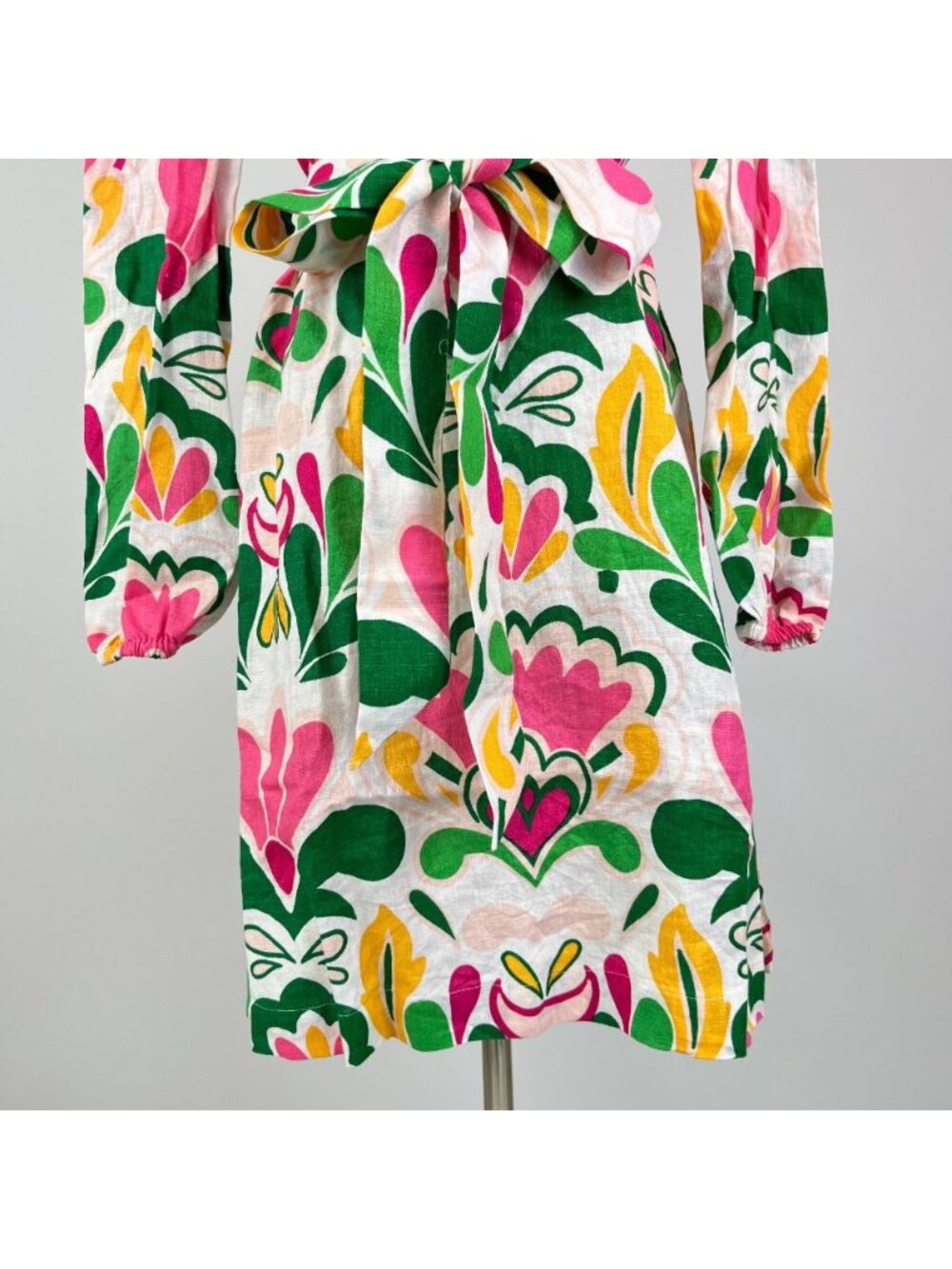 NWOT Boden Green Pink Cleo Linen Tie Waist Dress Multicolor V-Neck Size 8L - Picture 4 of 13